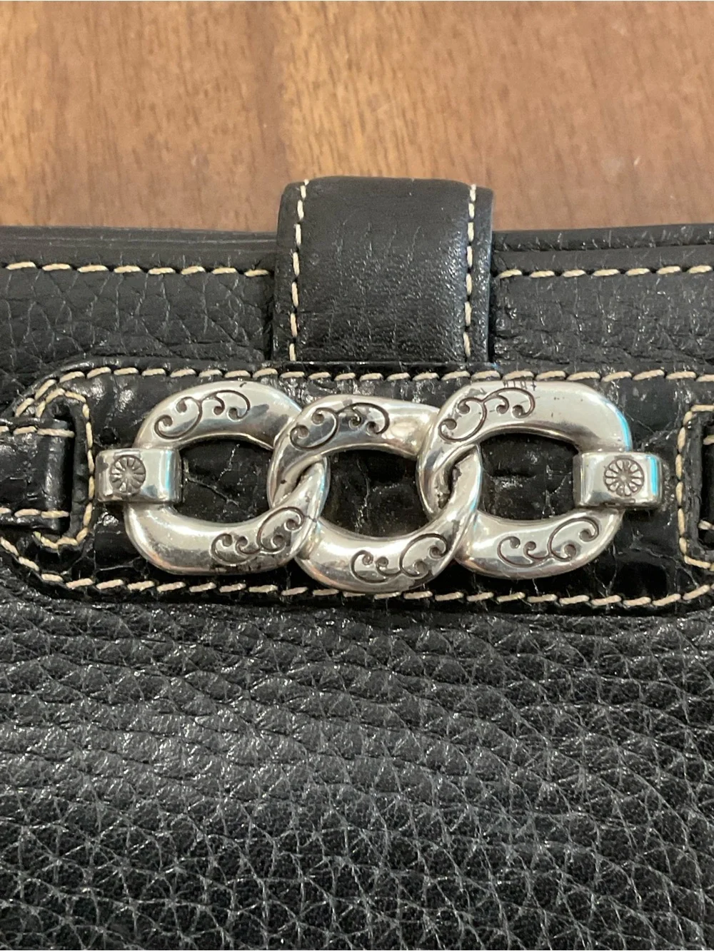 Brighton Black Leather pebble Wallet with Silver Decorative Chain Accent